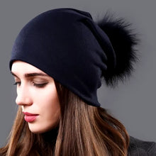 Load image into Gallery viewer, Female Natural Raccoon Fur Pompom Hats Beanies Autumn Winter Warm Solid Caps For Women
