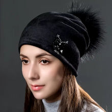 Load image into Gallery viewer, Owl Rhinestones Hats For Women Winter Warm Plus Velvet Fashion Caps With Natural Fur Pompoms Female Skullies Beanies
