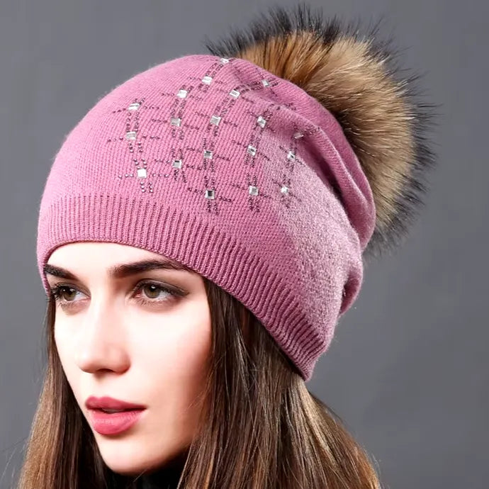 Wool Knitted Hats Fashion Rhinestone Glass Women Autumn Winter Warm Caps Natural Raccoon Fur Pompom Hat - Shop & Buy