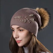 Load image into Gallery viewer, Fashion Pearl Butterfly Women Hats Knitted Wool Beanies Autumn Winter Warm Caps With Natural Fur Pom Pom Ladies Hat
