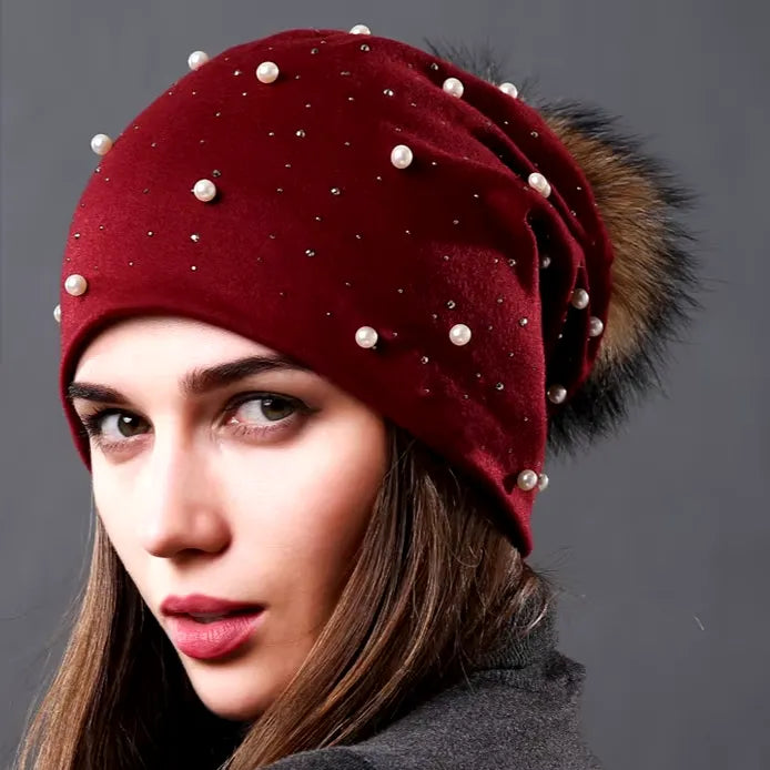 Women's Fashion Hat Autumn Winter Rhinestones Pearl Hats Female Beanies Natural Raccoon Fur Pompom Cotton Warm Caps - Shop & Buy