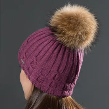 Load image into Gallery viewer, Double Layer Women Wool Caps With Natural Raccoon Fur Pompoms Hats Winter Warm Knitted Twist Beanies Fashion Female Hat
