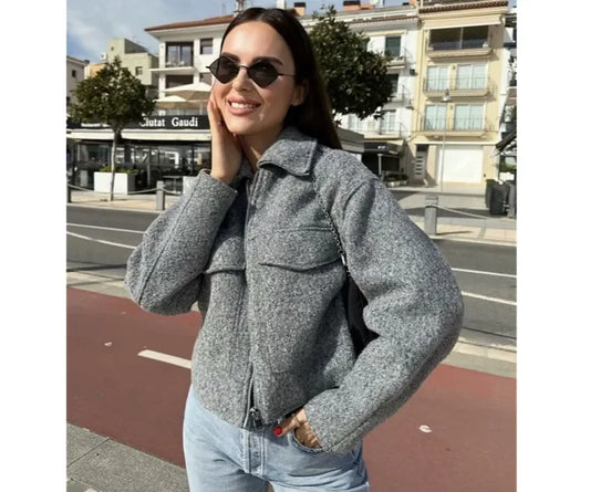 Women's Winter Jacket Lapel Long Sleeve Pocket Decoration Short Tweed Jacket Multicolor - Shop & Buy