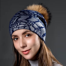 Load image into Gallery viewer, Knitted Warm Double Layer Silver Print Wool Hats Women Autumn Winter Caps With Natural Fur Pompoms Beanies Fashion Hat
