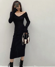 Load image into Gallery viewer, Women Autumn Knitted Dress V Neck Sexy Slim Elastic Oversized Basic Bodycon Sweater Dress
