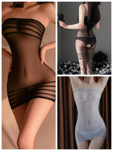 Load image into Gallery viewer, 3Pcs Sexy Mesh Semi-Sheer Bodycon Dress &amp; Open Crotch Body Stocking Set - Alluring Lingerie - Shop &amp; Buy
