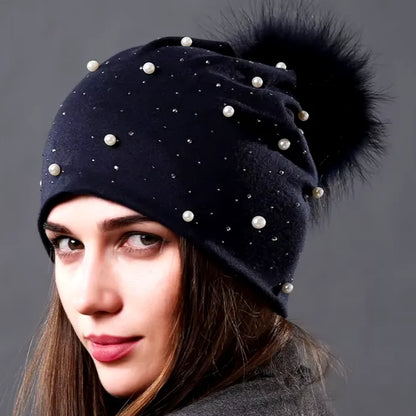 Women's Fashion Hat Autumn Winter Rhinestones Pearl Hats Female Beanies Natural Raccoon Fur Pompom Cotton Warm Caps - Shop & Buy