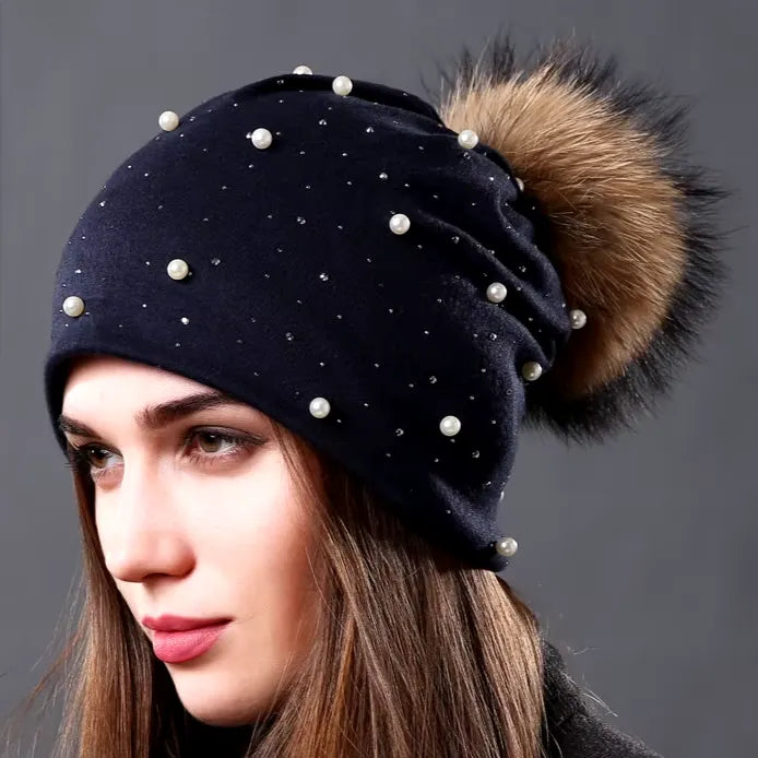 Women's Fashion Hat Autumn Winter Rhinestones Pearl Hats Female Beanies Natural Raccoon Fur Pompom Cotton Warm Caps - Shop & Buy