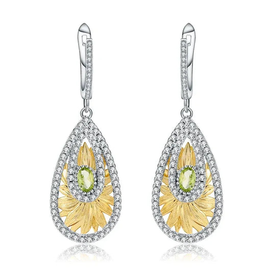 1.03Ct Natural Peridot Sunflower Earrings 925 Sterling Silver Original Handmade Drop Earrings for Women