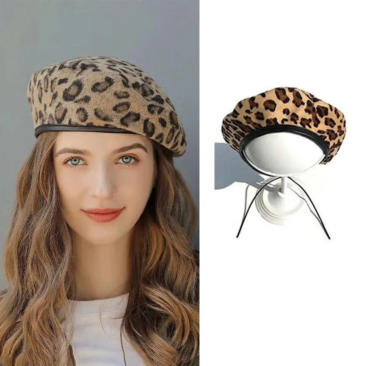 Women's Hat Cute Beret Vintage Hats For Women Leopard Felt Hat Beanie Woolen Winter Hat - Shop & Buy