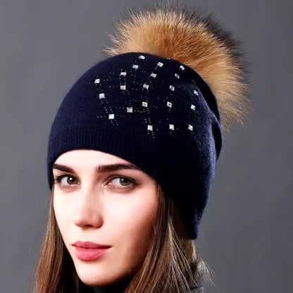 Wool Knitted Hats Fashion Rhinestone Glass Women Autumn Winter Warm Caps Natural Raccoon Fur Pompom Hat - Shop & Buy