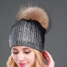 Load image into Gallery viewer, New Winter Beanies Ladies Knitted Wool Warm Hats Fashion Pom Pom Real Raccoon Fur Caps Skullies Hat For Women Print Fur Cap
