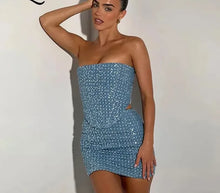 Load image into Gallery viewer, Women Sequined Denim Two Piece Sets Sexy Strapless Corset Tank Tops and Mini Skirt Sets
