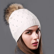 Load image into Gallery viewer, Multiple Styles Rhinestone Sequins Hats For Women Winter Beanies Natural Raccoon Fur Pompom Cap Women Knitted Warm Wool Hat
