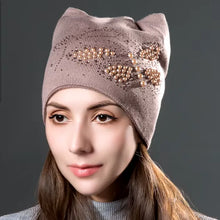 Load image into Gallery viewer, Winter Knitted Velvet Warm Hats Cute Cat Ears With Butterfly Skullies Beanies Women Fashion Caps Casual Hat For Female
