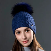 Load image into Gallery viewer, Double Layer Women Wool Caps With Natural Raccoon Fur Pompoms Hats Winter Warm Knitted Twist Beanies Fashion Female Hat
