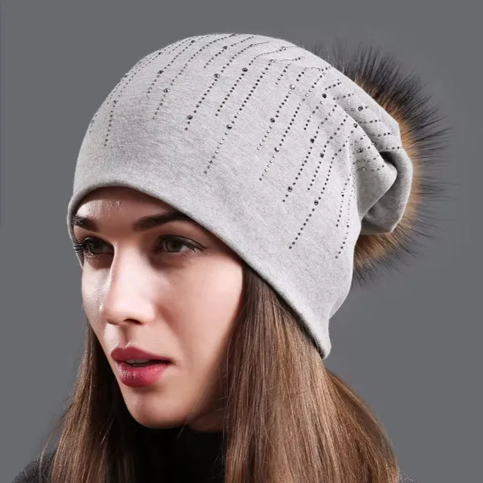 Women's Hat Natural Raccoon Fur Pompom Beanies Autumn Winter Warm Cotton Hats Rhinestone Fashion Caps - Shop & Buy