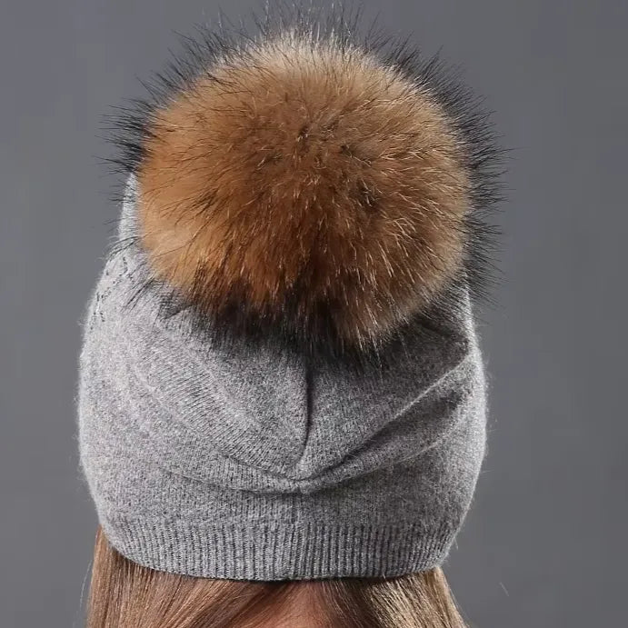 Wool Knitted Hats Fashion Rhinestone Glass Women Autumn Winter Warm Caps Natural Raccoon Fur Pompom Hat - Shop & Buy