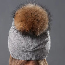 Load image into Gallery viewer, Wool Knitted Hats Fashion Rhinestone Glass Women Autumn Winter Warm Caps Natural Raccoon Fur Pompom Hat
