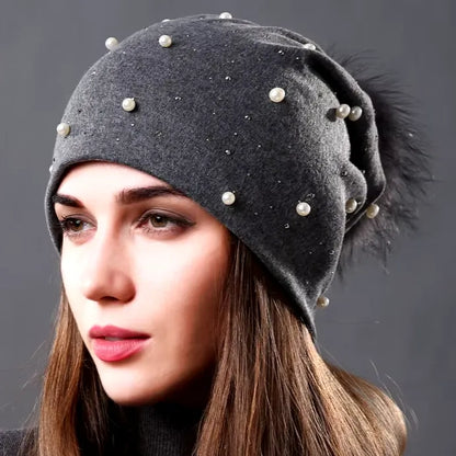 Women's Fashion Hat Autumn Winter Rhinestones Pearl Hats Female Beanies Natural Raccoon Fur Pompom Cotton Warm Caps - Shop & Buy