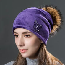 Load image into Gallery viewer, Owl Rhinestones Hats For Women Winter Warm Plus Velvet Fashion Caps With Natural Fur Pompoms Female Skullies Beanies
