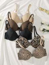 Load image into Gallery viewer, 5pcs Luxurious Leopard Print &amp; Solid T-Shirt Bras - Ultra-Comfortable, Breathable Push Up Design - Shop &amp; Buy
