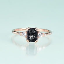 Load image into Gallery viewer, 5x7mm Emerald Cut Black Rutilated Quartz With A Cluster Of CZ Engagement Rings in 925 Sterling Silver Gift For Her - Shop &amp; Buy
