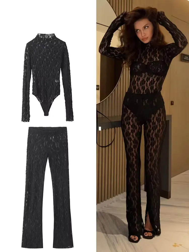 Womens Lace Pants Sets Slim Jumpsuits Top + High Waist Trousers Sexy Lady Floral Lace Translucent Y2k Bodysuit Suits - Shop & Buy