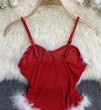 Load image into Gallery viewer, Sexy Christmas Bodysuit Strap Sleeveless Sheath Mesh Playsuit Ladies Slim Sheer Feather Sensual Jumpsuits
