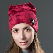 Load image into Gallery viewer, Cute Cat Ears With Flower Caps Winter Warm Women Hats Flannel Autumn Beanies Fashion Girls Hat Velvet Skullies For Female
