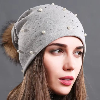 Women's Fashion Hat Autumn Winter Rhinestones Pearl Hats Female Beanies Natural Raccoon Fur Pompom Cotton Warm Caps - Shop & Buy