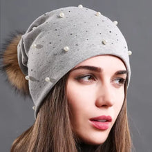 Load image into Gallery viewer, Women&#39;s Fashion Hat Autumn Winter Rhinestones Pearl Hats Female Beanies Natural Raccoon Fur Pompom Cotton Warm Caps
