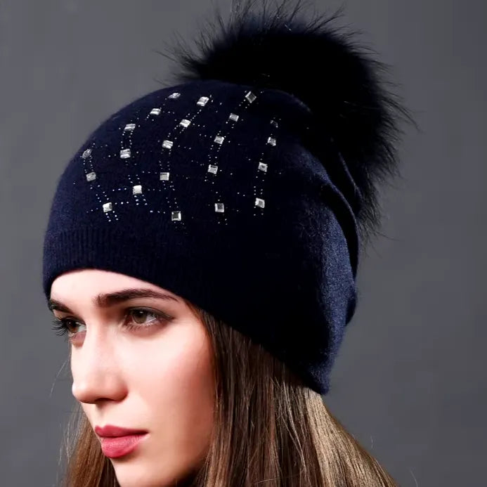 Wool Knitted Hats Fashion Rhinestone Glass Women Autumn Winter Warm Caps Natural Raccoon Fur Pompom Hat - Shop & Buy