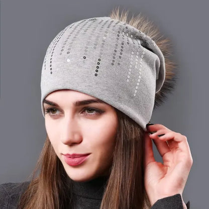 Women's Hat Natural Raccoon Fur Pompom Beanies Autumn Winter Warm Cotton Hats Rhinestone Fashion Caps - Shop & Buy