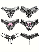 Load image into Gallery viewer, 6pcs Delicate Floral Lace Mesh Thongs Panties - Seductive See-Through Design, Faux Pearl Bow Accents - Shop &amp; Buy
