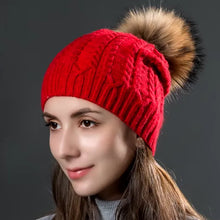 Load image into Gallery viewer, Autumn Winter Women&#39;s Rabbit Fur Knitted Twist Hats Fashion Warm Caps With Natural Fur Pompom Female Hat Skullies Beanies
