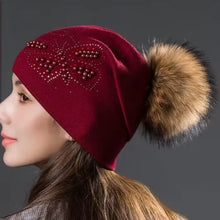 Load image into Gallery viewer, Fashion Pearl Butterfly Women Hats Knitted Wool Beanies Autumn Winter Warm Caps With Natural Fur Pom Pom Ladies Hat
