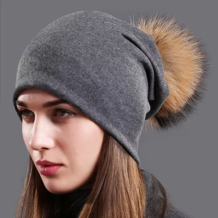 Women's Hat Natural Raccoon Fur Pompom Beanies Autumn Winter Warm Cotton Hats Rhinestone Fashion Caps - Shop & Buy