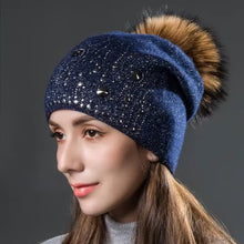 Load image into Gallery viewer, Multiple Styles Rhinestone Sequins Hats For Women Winter Beanies Natural Raccoon Fur Pompom Cap Women Knitted Warm Wool Hat
