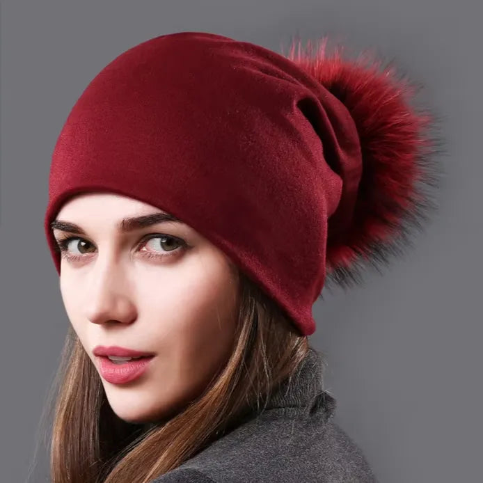 Women's Hat Natural Raccoon Fur Pompom Beanies Autumn Winter Warm Cotton Hats Rhinestone Fashion Caps - Shop & Buy