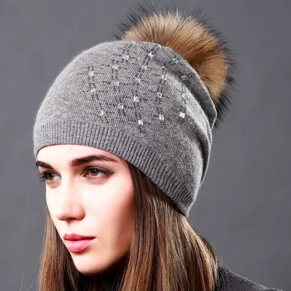 Wool Knitted Hats Fashion Rhinestone Glass Women Autumn Winter Warm Caps Natural Raccoon Fur Pompom Hat - Shop & Buy