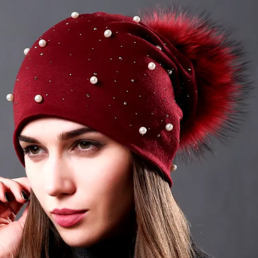 Women's Fashion Hat Autumn Winter Rhinestones Pearl Hats Female Beanies Natural Raccoon Fur Pompom Cotton Warm Caps - Shop & Buy