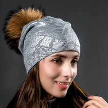 Load image into Gallery viewer, Knitted Warm Double Layer Silver Print Wool Hats Women Autumn Winter Caps With Natural Fur Pompoms Beanies Fashion Hat
