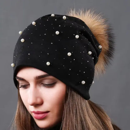 Women's Hat Natural Raccoon Fur Pompom Beanies Autumn Winter Warm Cotton Hats Rhinestone Fashion Caps - Shop & Buy