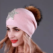 Load image into Gallery viewer, Rhinestone Knitted Wool Hats With Natural Raccoon Fur Pom Pom Caps Autumn Winter Warm Hat For Women Fashion Beanies
