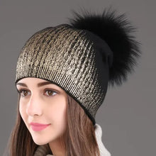 Load image into Gallery viewer, New Winter Beanies Ladies Knitted Wool Warm Hats Fashion Pom Pom Real Raccoon Fur Caps Skullies Hat For Women Print Fur Cap
