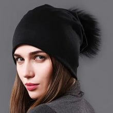 Load image into Gallery viewer, Female Natural Raccoon Fur Pompom Hats Beanies Autumn Winter Warm Solid Caps For Women
