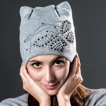 Load image into Gallery viewer, Winter Knitted Velvet Warm Hats Cute Cat Ears With Butterfly Skullies Beanies Women Fashion Caps Casual Hat For Female
