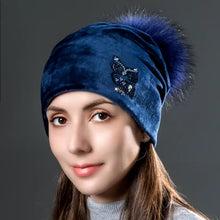 Load image into Gallery viewer, Owl Rhinestones Hats For Women Winter Warm Plus Velvet Fashion Caps With Natural Fur Pompoms Female Skullies Beanies
