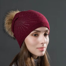 Load image into Gallery viewer, Rhinestone Knitted Wool Hats With Natural Raccoon Fur Pom Pom Caps Autumn Winter Warm Hat For Women Fashion Beanies
